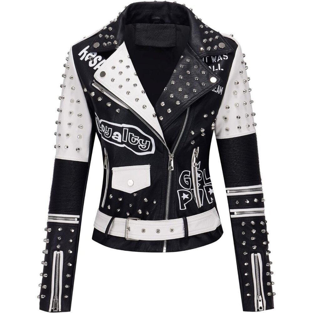 ๐ Women White Trendy Faux Leather Jacket Rivet Spring Winter Fashion Clothes